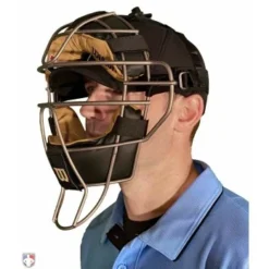 Wilson Umpire Gear Wilson MLB Titanium Umpire Mask With Two-Tone 9 Wilson Umpire Gear Wilson MLB Titanium Umpire Mask With Two-Tone -The Ball Gears Sales A3007T Wilson Titanium Umpire Mask Worn Front Angled View 1