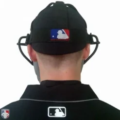 Wilson Umpire Gear Wilson MLB Black Dyna-Lite Aluminum Umpire Mask With Black And Grey Wrap Around -The Ball Gears Sales A3009 AL BK GY Worn Back with Black Shirt