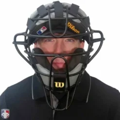 Wilson Umpire Gear Wilson MLB Black Dyna-Lite Aluminum Umpire Mask With Black And Grey Wrap Around -The Ball Gears Sales A3009 AL BK GY Worn Front with Black Shirt