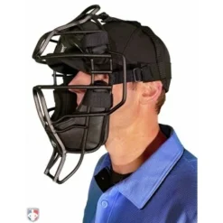 Diamond Umpire Gear Diamond Matte Black Big League Aluminum Umpire Mask With Leather -The Ball Gears Sales DFM BL Diamond Big League Aluminum Umpire Mask with Leather Worn Front Angled View