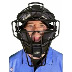 Diamond Umpire Gear Diamond Matte Black Big League Aluminum Umpire Mask With Leather -The Ball Gears Sales DFM BL Diamond Big League Aluminum Umpire Mask with Leather Worn Front View