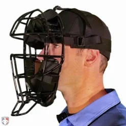 Force3 Umpire Gear Force3 Defender Umpire Mask -The Ball Gears Sales F3 DEF BK BK Force3 Defender Umpire Mask with Black Worn Front Angled View