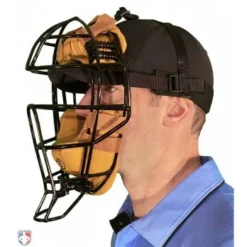 Force3 Umpire Gear Force3 Defender Umpire Mask With Tan -The Ball Gears Sales F3 DEF BK TN Force3 Defender Umpire Mask with Tan Worn Front Angled View 1