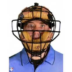 Force3 Umpire Gear Force3 Defender Umpire Mask With Tan -The Ball Gears Sales F3 DEF BK TN Force3 Defender Umpire Mask with Tan Worn Front View 1