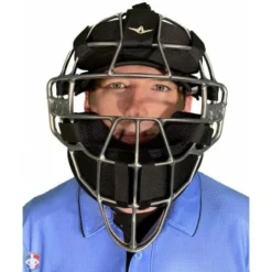 ALL-STAR Umpire Gear All-Star Silver Magnesium Umpire Mask With Black LUC 12 ALL-STAR Umpire Gear All-Star Silver Magnesium Umpire Mask With Black LUC -The Ball Gears Sales FM4000MAG UMP SV BK All Star Magnesium Umpire Mask with Black LUC Worn Front View