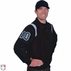 Smitty Umpire Smitty Traditional Half-Zip Umpire Jacket - Black And Powder Blue -The Ball Gears Sales S320 BK PB Smitty Traiditonal Half Zip Umpire Jacket Black with Polo Blue Front Angled View with Black on Light Blue on White Precision Cut Number