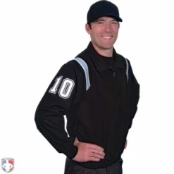 Smitty Umpire Smitty Traditional Half-Zip Umpire Jacket - Black And Powder Blue -The Ball Gears Sales S320 BK PB Smitty Traiditonal Half Zip Umpire Jacket Black with Polo Blue Front Angled View with White on Black on White Precision Cut Number
