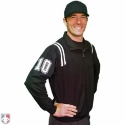 Smitty Umpire Smitty Traditional Half-Zip Umpire Jacket - Black And White -The Ball Gears Sales S320 BK Smitty Traditional Half Zip Umpire Jacket Black White Front Angled View with N4 SUB WBW 1