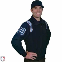 Smitty Umpire Smitty Traditional Half-Zip Umpire Jacket - Navy And Powder Blue -The Ball Gears Sales S320 N PB Smitty Traditional Half Zip Umpire Jacket Navy with Powder Blue Front Angled View with Navy on Powder Blue on White Precision Cut Numbers 1