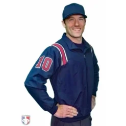 Smitty Umpire Smitty Traditional Half-Zip Umpire Jacket - Navy And Red 6 Smitty Umpire Smitty Traditional Half-Zip Umpire Jacket - Navy And Red -The Ball Gears Sales S320 N R Smitty Traditional Half Zip Umpire Jacket Navy with Red and White Worn Front Angled View with Numbers