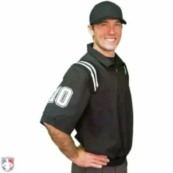 Smitty Umpire Smitty Traditional Half-Zip Short Sleeve Umpire Jacket - Black And White -The Ball Gears Sales S324 BK WH Smitty Traditional Half Zip Short Sleeve Umpire Jacket Black and White Worn Front Angled with N4 SUB WBW