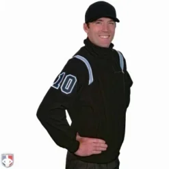 Smitty Umpire Smitty Major League Style Fleece Lined Umpire Jacket - Black And Polo Blue -The Ball Gears Sales S330 BK PB Smitty Major League Style Fleece Lined Umpire Jacket Black with Powder Blue Front Angled View with N4 SUB BPBW