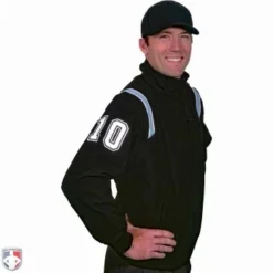 Smitty Umpire Smitty Major League Style Fleece Lined Umpire Jacket - Black And Polo Blue -The Ball Gears Sales S330 BK PB Smitty Major League Style Fleece Lined Umpire Jacket Black with Powder Blue Front Angled View with N4 SUB WBW