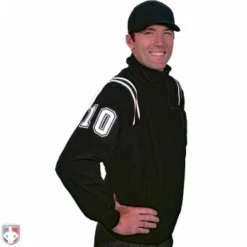 Smitty Umpire Smitty Major League Style Fleece Lined Umpire Jacket - Black And White -The Ball Gears Sales S330 BK WH Smitty Major League Style Fleece Lined Umpire Jacket Black and White Front Angled View with White on Black on White Precision Cut Number
