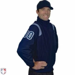 Smitty Umpire Smitty Major League Style Fleece Lined Umpire Jacket - Navy And Polo Blue -The Ball Gears Sales S330 N PB Smitty Major League Style Fleece Lined Umpire Jacket Navy with Powder Blue Front Angled View with Navy on Powder Blue on White Precision Cut Numbers 1