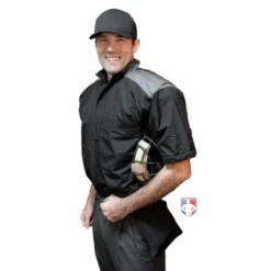 Smitty Umpire Smitty Major League Replica Convertible Umpire Jacket - Black With Charcoal Grey -The Ball Gears Sales S340 Smitty Major League Replica Convertible Umpire Jacket Black with Charcoal Grey angled with no sleeves plate