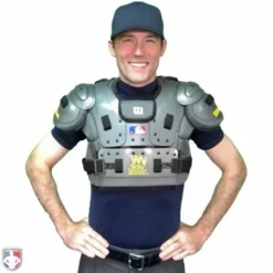 New Balance Referee And Umpire Shoes New Balance Challenger Mock Neck Short Sleeve Compression Shirt - Navy -The Ball Gears Sales TMMT717 N New Balance Mock Neck Challenger Short Sleeve Compression Shirt Navy Worn Front with Chest Protector